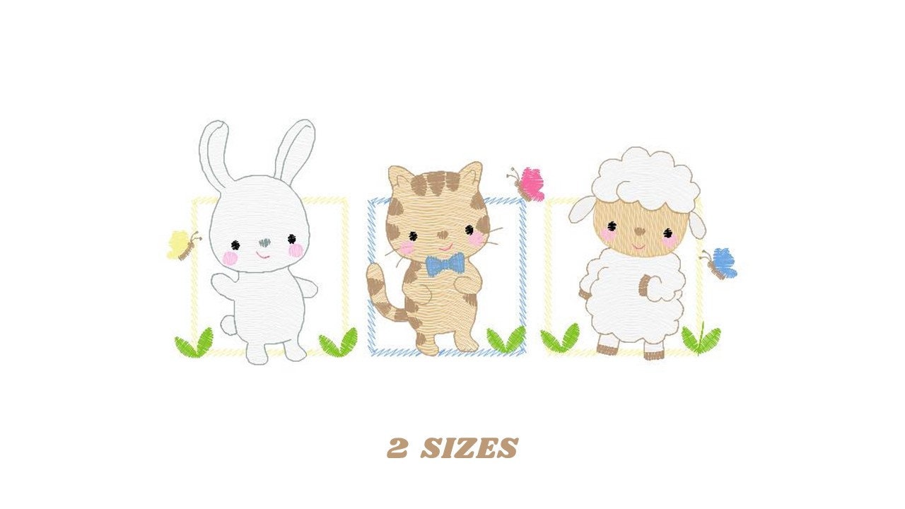 Cat embroidery design - Sheep machine embroidery pattern - Baby boy Rabbit Bunny file - Animal Friends Frame - Instant digital download pes
