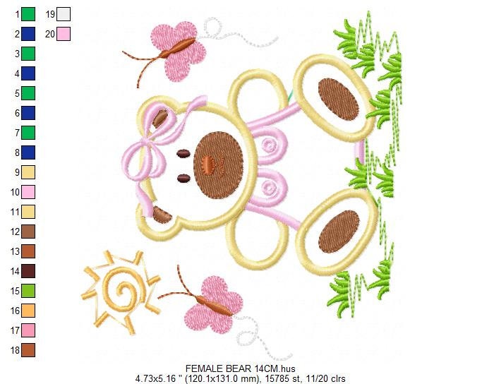 Female Bear embroidery designs - Baby girl embroidery design machine embroidery pattern - Bear with butterfly embroidery file - digital file Marcia Embroidery