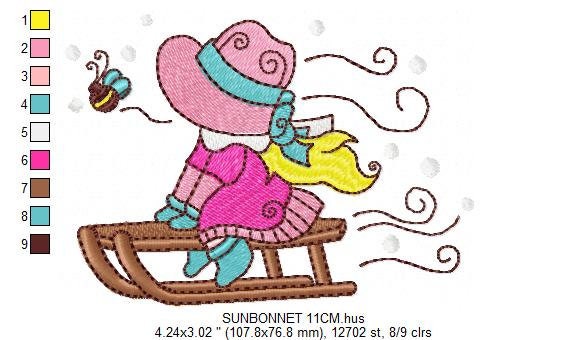 Sunbonnet embroidery designs - Baby girl embroidery design machine embroidery pattern -  Girl with winter sleigh embroidery instant download Marcia Embroidery