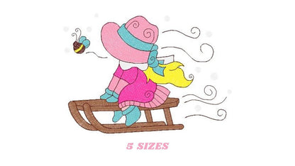 Sunbonnet embroidery designs - Baby girl embroidery design machine embroidery pattern -  Girl with winter sleigh embroidery instant download Marcia Embroidery