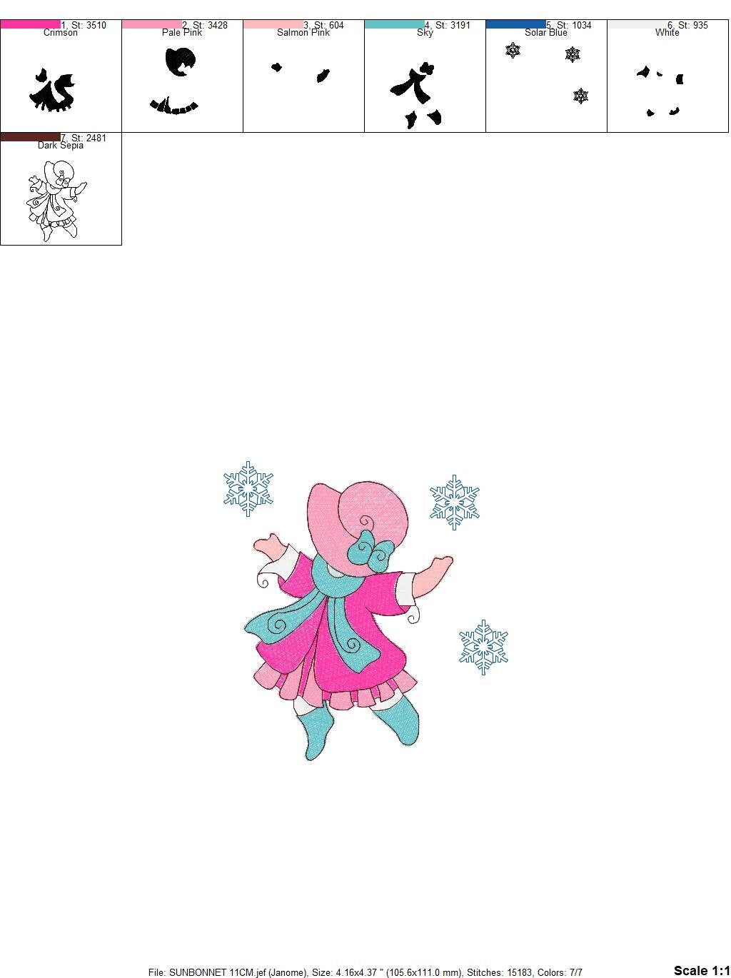 Sunbonnet embroidery designs - Winter snow embroidery design machine embroidery pattern -  Baby Girl embroidery - instant download quilt pes - Marcia Embroidery