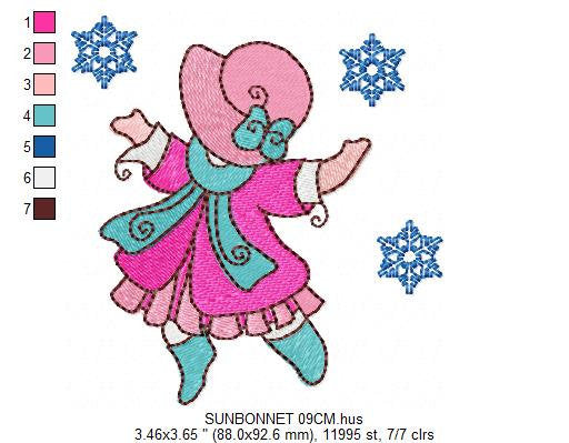 Sunbonnet embroidery designs - Winter snow embroidery design machine embroidery pattern -  Baby Girl embroidery - instant download quilt pes - Marcia Embroidery