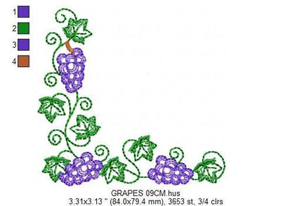 Grapes corner embroidery designs - Grape Frame machine embroidery pattern - Eucharist Religious Catholic - Instant digital download jef pes