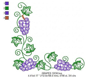 Grapes corner embroidery designs - Grape Frame machine embroidery pattern - Eucharist Religious Catholic - Instant digital download jef pes