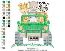 Load image into Gallery viewer, Safari Car embroidery designs - Animals embroidery design machine embroidery pattern - Baby boy embroidery file - lion zebra giraffe hippo rhino
