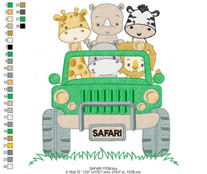 Safari Car embroidery designs - Animals embroidery design machine embroidery pattern - Baby boy embroidery file - lion zebra giraffe hippo rhino