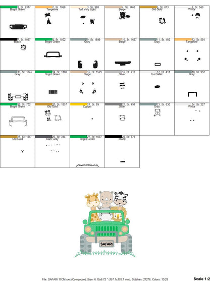 Safari Car embroidery designs - Animals embroidery design machine embroidery pattern - Baby boy embroidery file - lion zebra giraffe hippo rhino