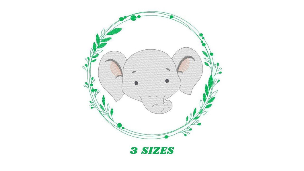 Elephant face embroidery designs - Safari embroidery design machine embroidery pattern - Animal embroidery file - Elephant with laurel frame