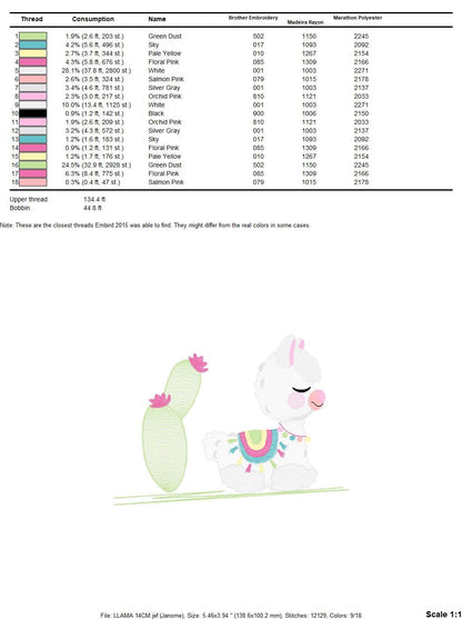 Llama embroidery design - Animals embroidery designs machine embroidery pattern - Baby girl embroidery file - Mexican llama with cactus pes