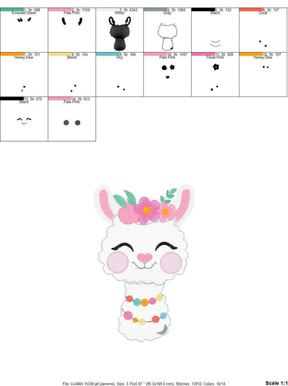 Llama embroidery design - Alpaca Animal with flowers machine embroidery pattern - Baby girl file - Mexican llama - Instant download pes jef