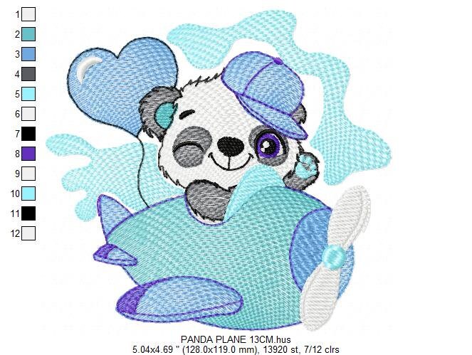 Panda in a plane embroidery design - Animal with heart balloon machine embroidery pattern - Baby boy file - Instant digital download pes jef