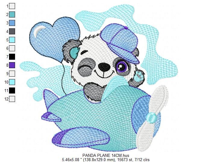 Panda in a plane embroidery design - Animal with heart balloon machine embroidery pattern - Baby boy file - Instant digital download pes jef