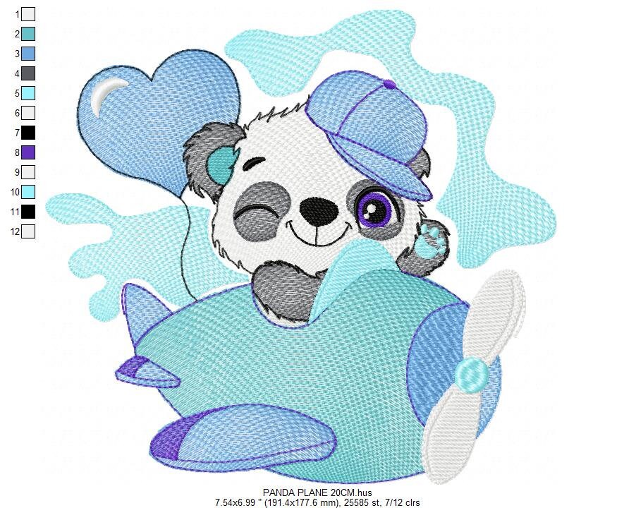 Panda in a plane embroidery design - Animal with heart balloon machine embroidery pattern - Baby boy file - Instant digital download pes jef