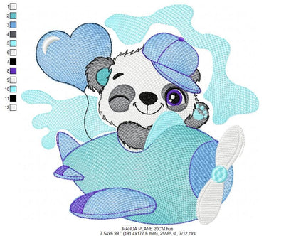 Panda in a plane embroidery design - Animal with heart balloon machine embroidery pattern - Baby boy file - Instant digital download pes jef