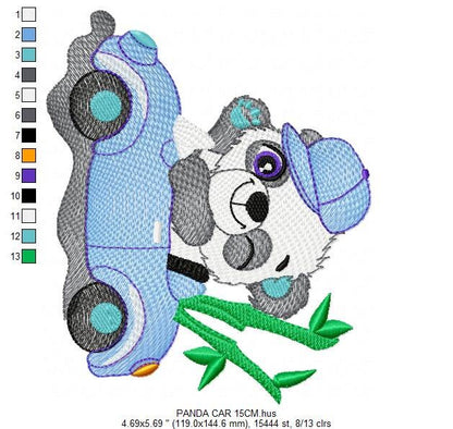 Panda with car embroidery design - Wild Animal machine embroidery pattern - Baby boy file - Instant digital download pes jef dst hus vp3 xxx
