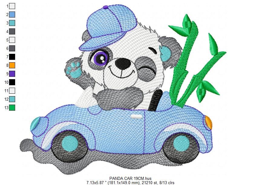 Panda with car embroidery design - Wild Animal machine embroidery pattern - Baby boy file - Instant digital download pes jef dst hus vp3 xxx