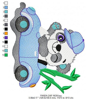 Panda with car embroidery design - Wild Animal machine embroidery pattern - Baby boy file - Instant digital download pes jef dst hus vp3 xxx