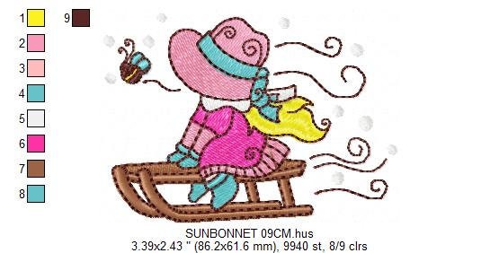 Sunbonnet embroidery designs - Baby girl embroidery design machine embroidery pattern -  Girl with winter sleigh embroidery instant download Marcia Embroidery