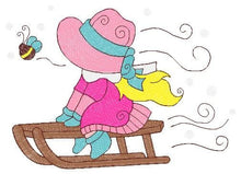 Cargar imagen en el visor de la galería, Sunbonnet embroidery designs - Baby girl embroidery design machine embroidery pattern -  Girl with winter sleigh embroidery instant download
