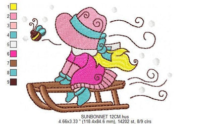 Sunbonnet embroidery designs - Baby girl embroidery design machine embroidery pattern -  Girl with winter sleigh embroidery instant download Marcia Embroidery