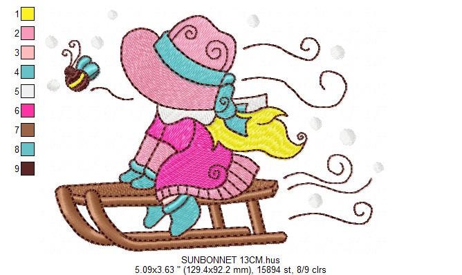 Sunbonnet embroidery designs - Baby girl embroidery design machine embroidery pattern -  Girl with winter sleigh embroidery instant download Marcia Embroidery