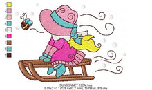 Cargar imagen en el visor de la galería, Sunbonnet embroidery designs - Baby girl embroidery design machine embroidery pattern -  Girl with winter sleigh embroidery instant download
