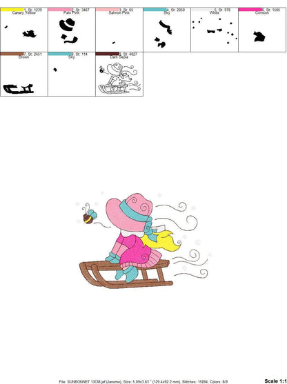 Sunbonnet embroidery designs - Baby girl embroidery design machine embroidery pattern -  Girl with winter sleigh embroidery instant download Marcia Embroidery