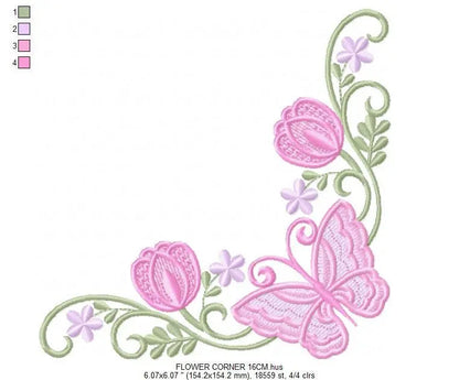 Butterfly embroidery designs - Sunflower corner embroidery design machine embroidery pattern - Towel embroidery file - instant download pes Marcia Embroidery