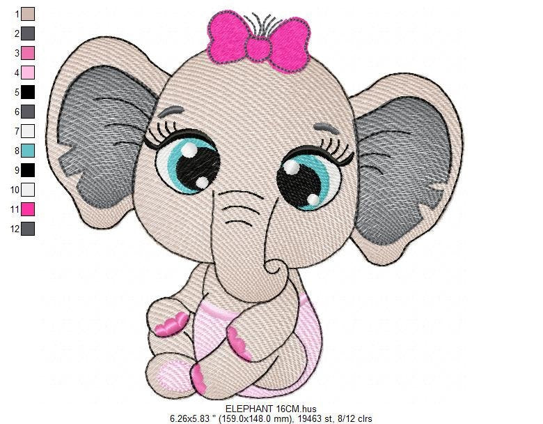 Baby Elephant with lace embroidery designs - Safari Animal machine embroidery pattern - Baby girl file - Instant digital download pes jef