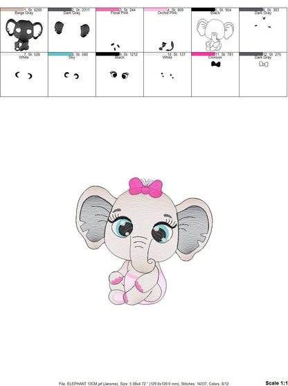 Baby Elephant with lace embroidery designs - Safari Animal machine embroidery pattern - Baby girl file - Instant digital download pes jef