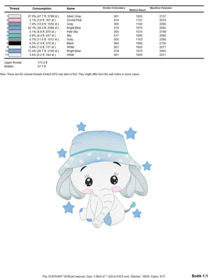 Baby Elephant with hat embroidery designs - Safari wild Animal with stars machine embroidery pattern - Baby boy file - Instant download pes