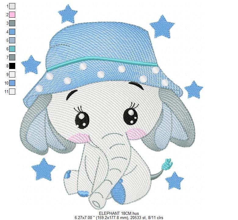 Baby Elephant with hat embroidery designs - Safari wild Animal with stars machine embroidery pattern - Baby boy file - Instant download pes