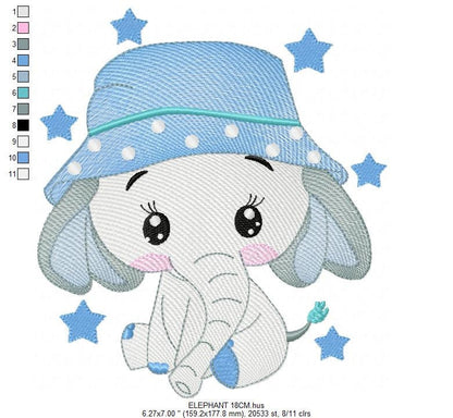 Baby Elephant with hat embroidery designs - Safari wild Animal with stars machine embroidery pattern - Baby boy file - Instant download pes