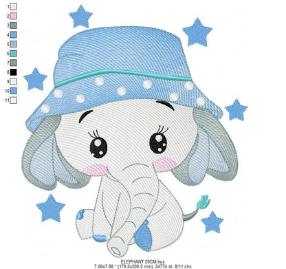 Baby Elephant with hat embroidery designs - Safari wild Animal with stars machine embroidery pattern - Baby boy file - Instant download pes