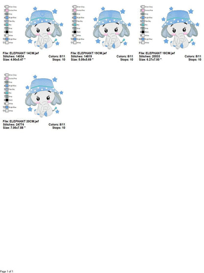 Baby Elephant with hat embroidery designs - Safari wild Animal with stars machine embroidery pattern - Baby boy file - Instant download pes