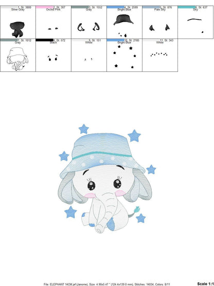 Baby Elephant with hat embroidery designs - Safari wild Animal with stars machine embroidery pattern - Baby boy file - Instant download pes