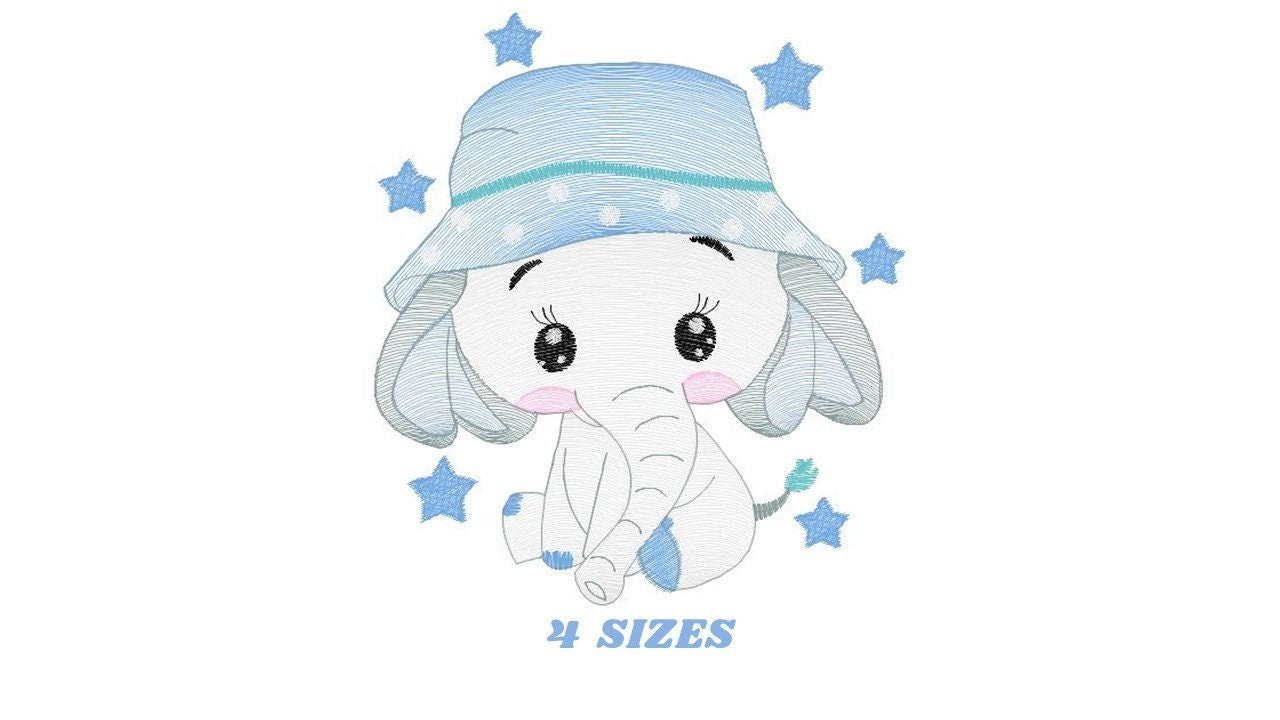 Baby Elephant with hat embroidery designs - Safari wild Animal with stars machine embroidery pattern - Baby boy file - Instant download pes