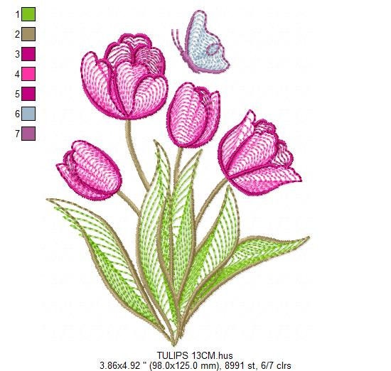 Tulip embroidery designs - Flower embroidery design machine embroidery pattern - Delicate Butterfly embroidery file - instant download pes