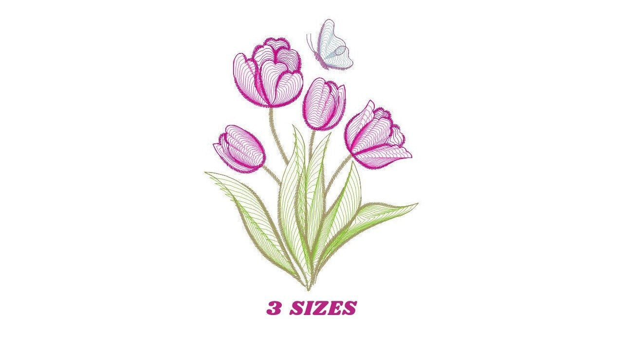 Tulip embroidery designs - Flower embroidery design machine embroidery pattern - Delicate Butterfly embroidery file - instant download pes