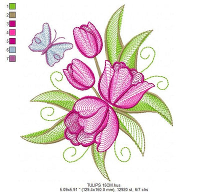 Tulip embroidery designs - Flower embroidery design machine embroidery pattern - Flower corner embroidery file - instant download pes floral