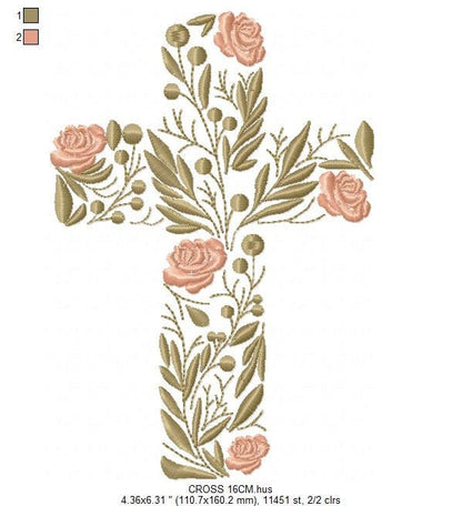 Cross embroidery designs - Religious embroidery design machine embroidery pattern - Catholic embroidery file - Cross with flowers Eucharist