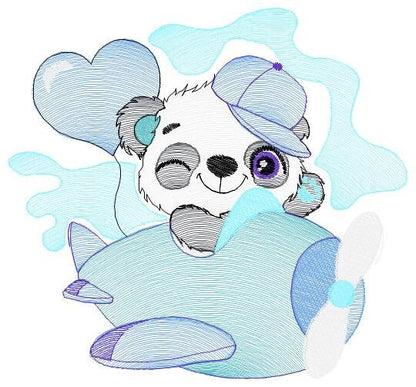 Panda in a plane embroidery design - Animal with heart balloon machine embroidery pattern - Baby boy file - Instant digital download pes jef