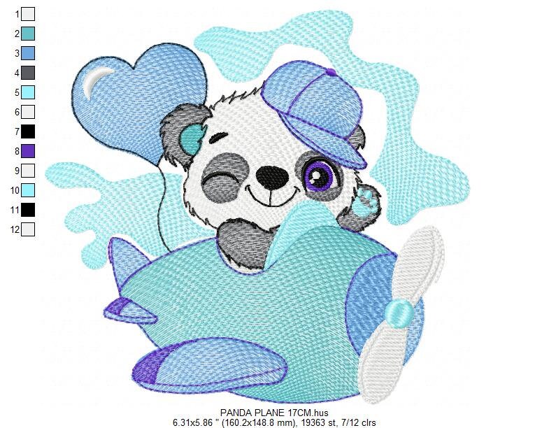Panda in a plane embroidery design - Animal with heart balloon machine embroidery pattern - Baby boy file - Instant digital download pes jef