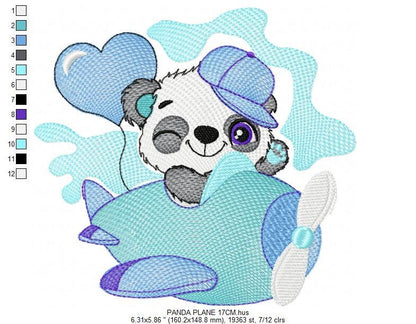 Panda in a plane embroidery design - Animal with heart balloon machine embroidery pattern - Baby boy file - Instant digital download pes jef