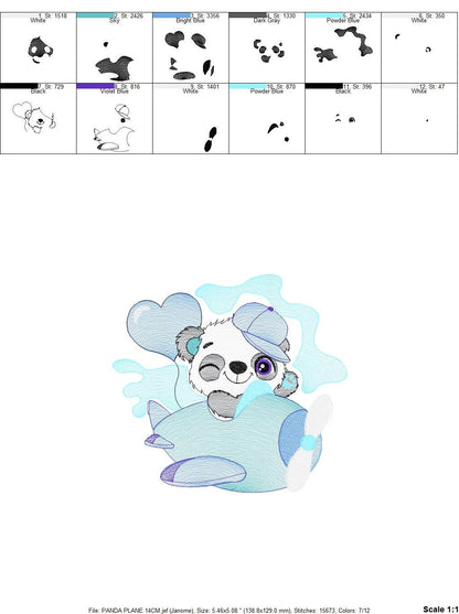 Panda in a plane embroidery design - Animal with heart balloon machine embroidery pattern - Baby boy file - Instant digital download pes jef