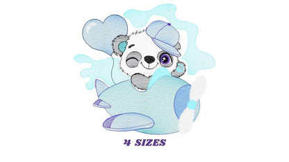 Panda in a plane embroidery design - Animal with heart balloon machine embroidery pattern - Baby boy file - Instant digital download pes jef