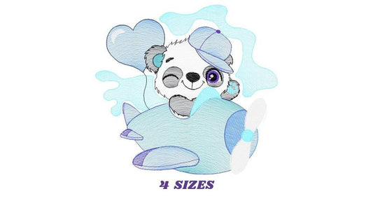 Panda in a plane embroidery design - Animal with heart balloon machine embroidery pattern - Baby boy file - Instant digital download pes jef