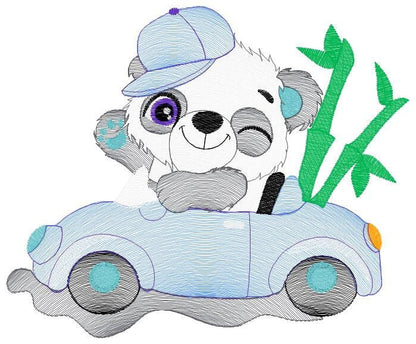 Panda with car embroidery design - Wild Animal machine embroidery pattern - Baby boy file - Instant digital download pes jef dst hus vp3 xxx