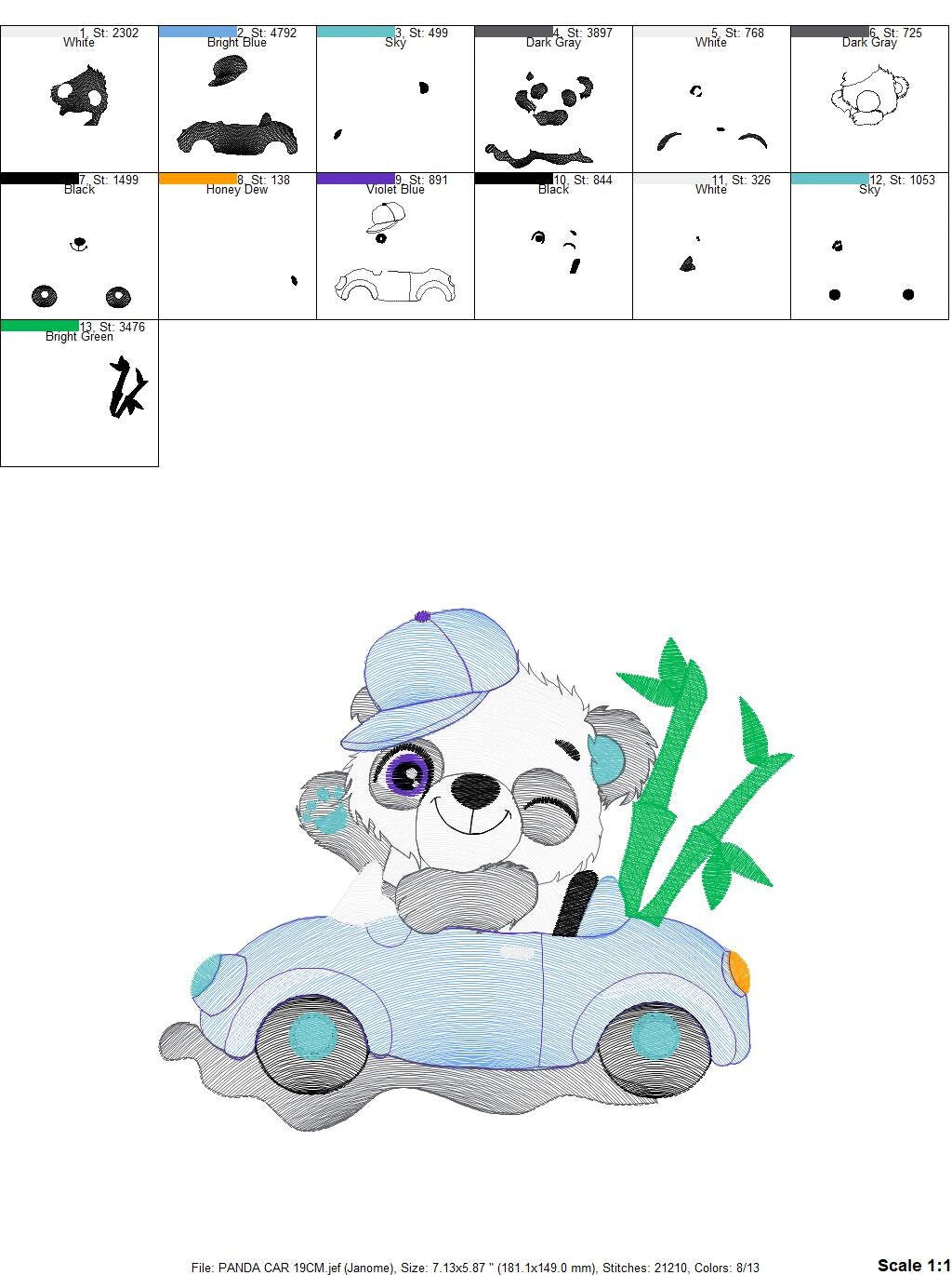 Panda with car embroidery design - Wild Animal machine embroidery pattern - Baby boy file - Instant digital download pes jef dst hus vp3 xxx