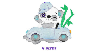Panda with car embroidery design - Wild Animal machine embroidery pattern - Baby boy file - Instant digital download pes jef dst hus vp3 xxx